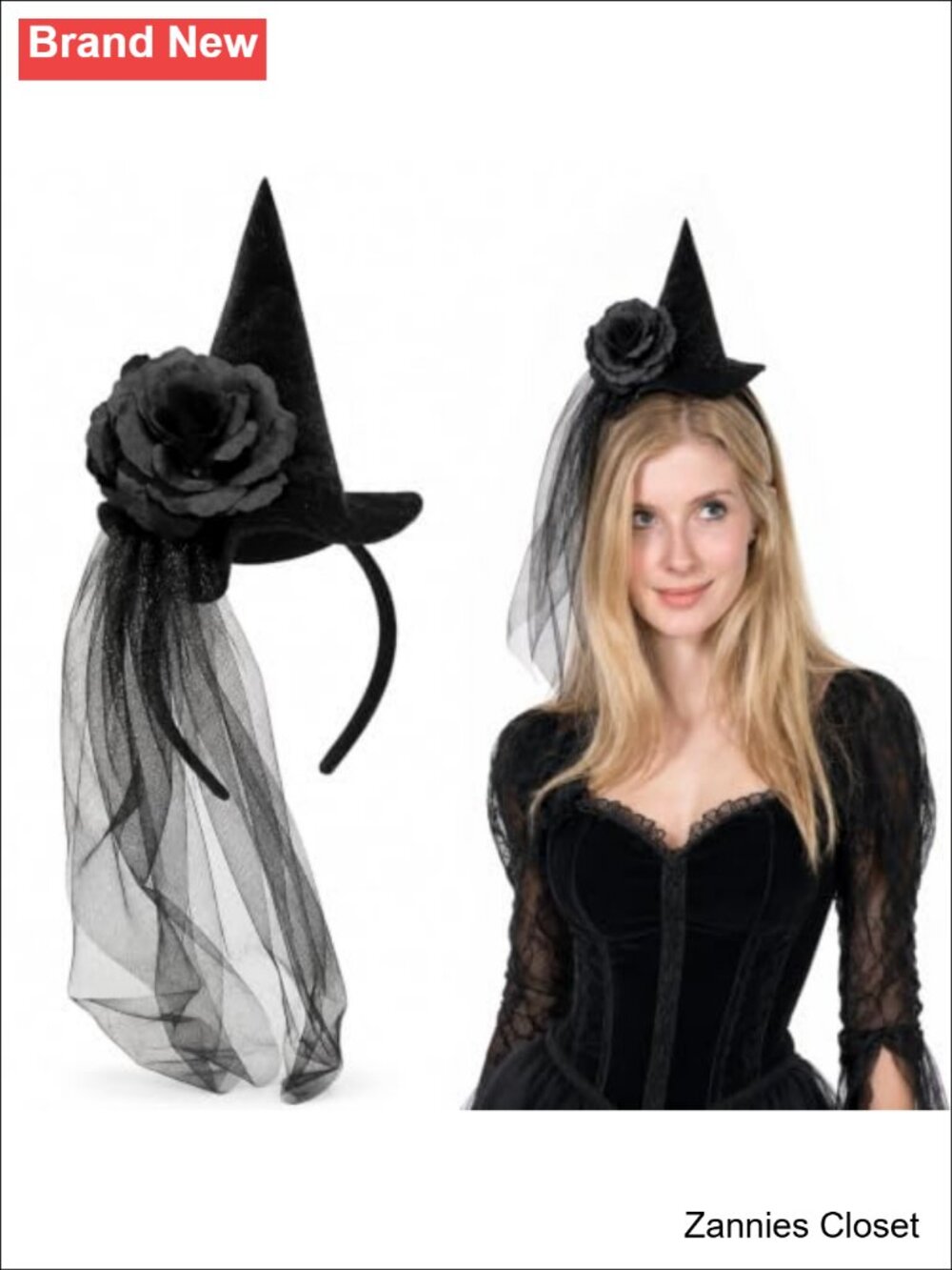 👻 Witch Hat Headband Two Black Flowers Long Veil Halloween Costume Accessory